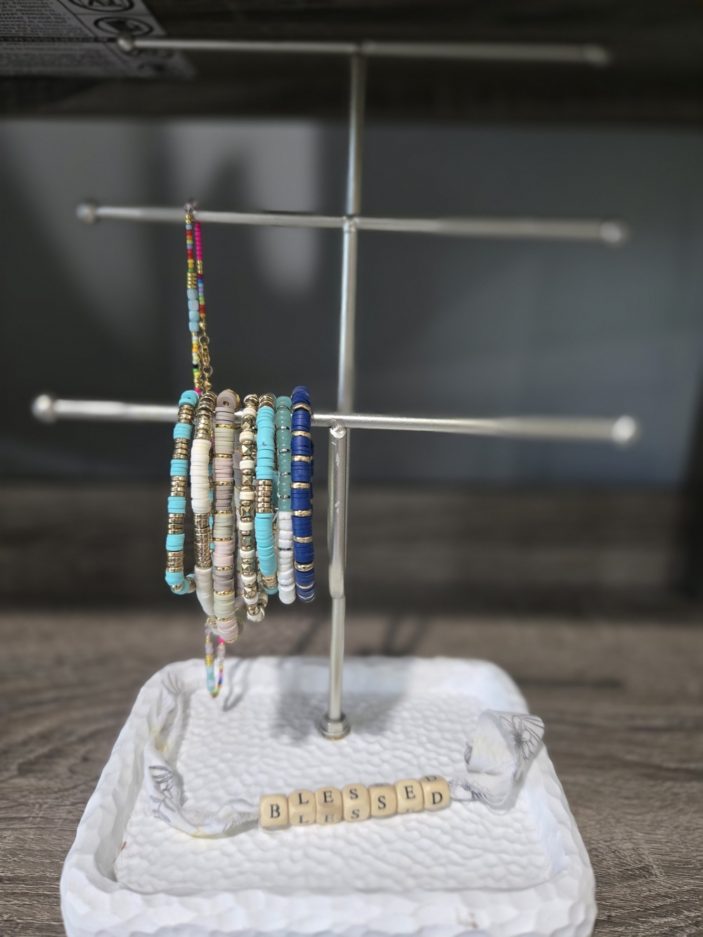 Beaded Stackable Bracelet Set - Turquoise, Navy, Cream & Gold With Holder